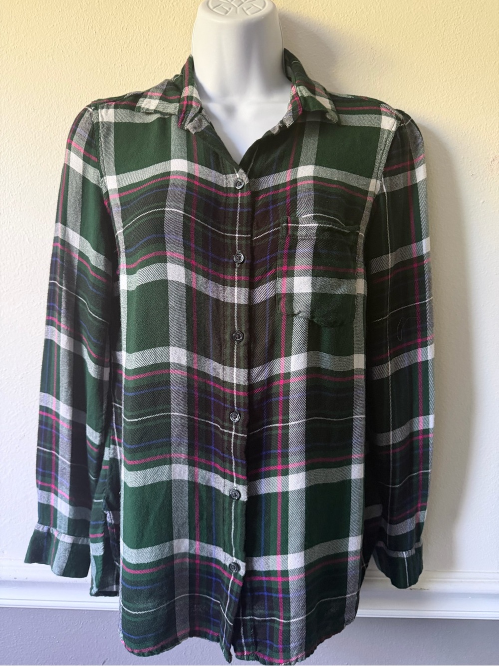 Old Navy Green Plaid Button-Down Shirt with Pink & White Accents